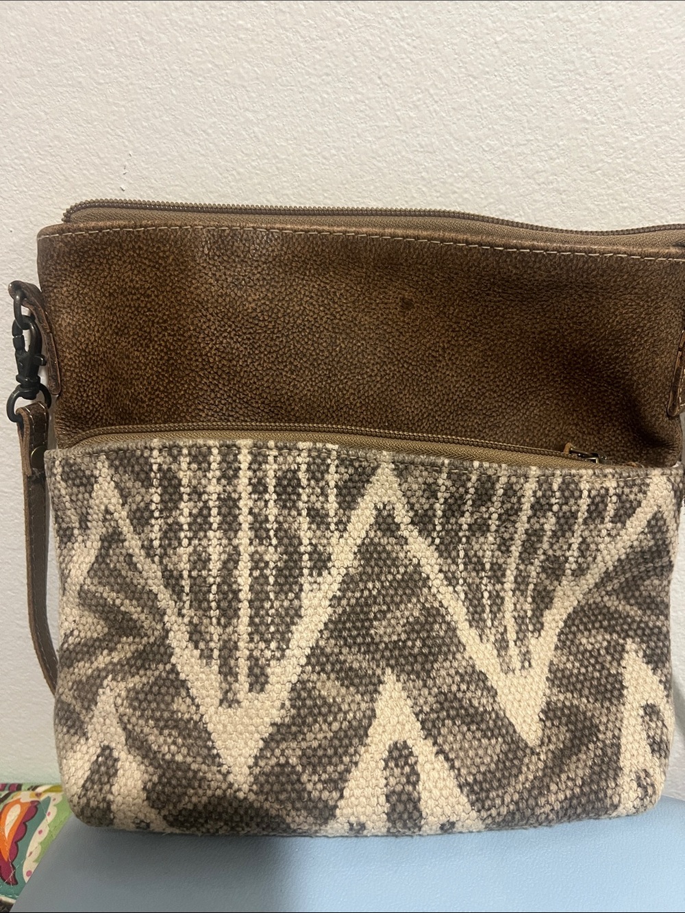 Myra Bag Brown and Cream Crossbody with Woven Geometric Front